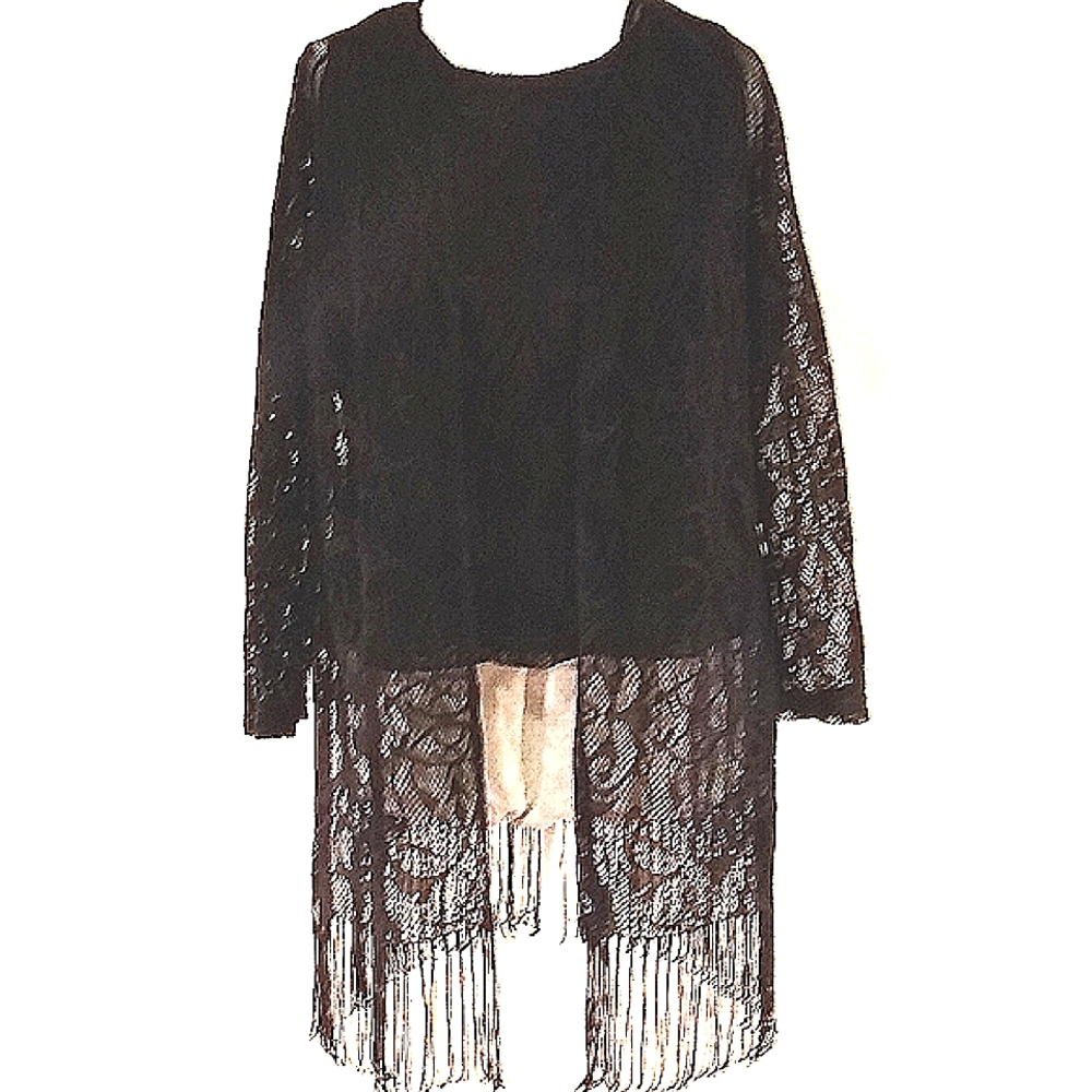Black Lace Fringed Jacket With Attached Tank Top